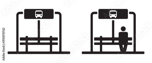 Bus stop shelter icon set with empty station and person waiting for transport on street flat vector design
