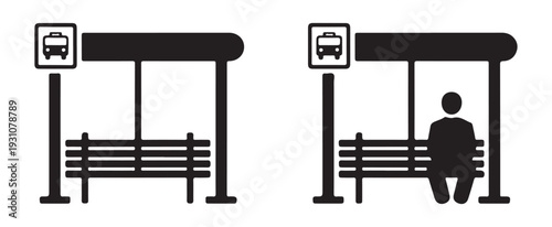 Public transportation bus stop icon set with passenger waiting at station shelter for transit navigation