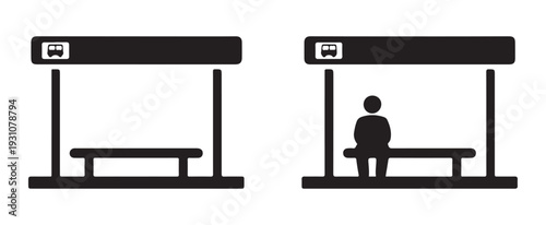 Minimalist bus stop station icons showing empty shelter and passenger sitting on bench in flat style set