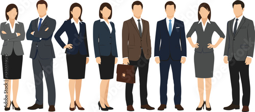 Diverse group of professional business people in formal suits standing together, corporate teamwork, elegant office staff vector illustration