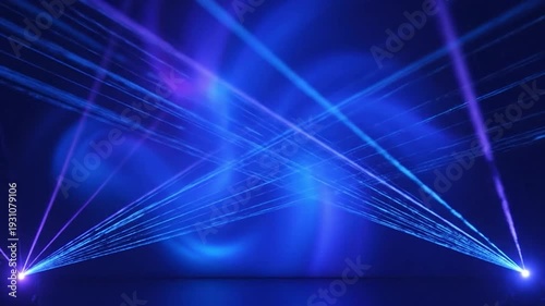 Blue and purple laser beams intersect and emanate from two points, creating a vibrant, luminous spectacle