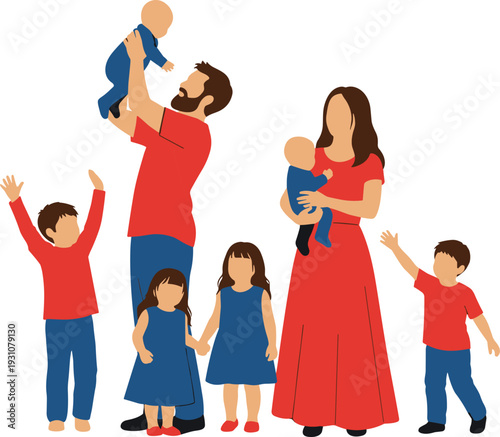 Happy family with six children, parents holding babies, kids standing together, flat vector illustration on white background, parenthood concept