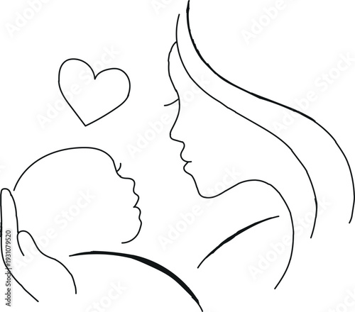A minimalist line drawing of a mother and child with a heart