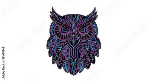 Intricate digital owl design featuring glowing circuit patterns and vibrant neon colors