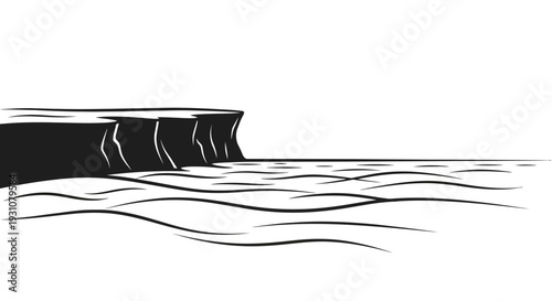 Monochromatic Coastal Cliff and Ocean Waves Illustration Serene Abstract Seascape Minimalist