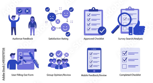 A collection of blue icons representing feedback, ratings, and review processes displayed on a digital interface from a straightforward viewpoint.
