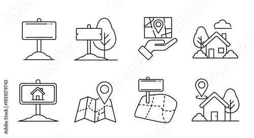 A collection of line icons representing navigation and location, including maps, pins, and houses, displayed on various devices and media, showcasing a variety of tools for orientation and direction.