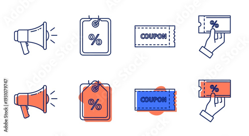 Collection of sale icons including megaphones, discount tags, and coupons in line art style on a clean background from a straightforward viewpoint