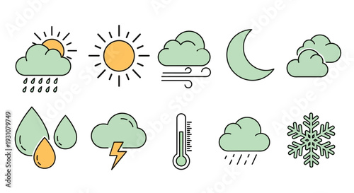 Collection of weather icons representing various conditions such as rain, sunshine, clouds, and temperature from a straightforward viewpoint