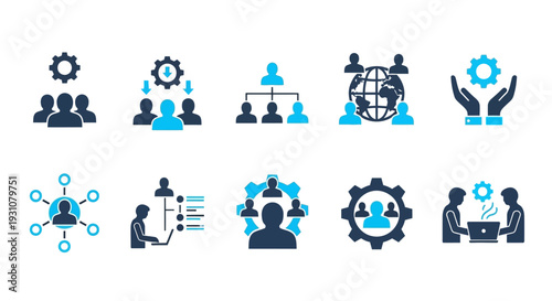 Collection of icons representing teamwork, collaboration, and global connections in a modern, simplified style.