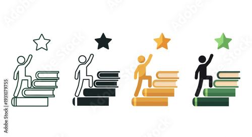 People achieving success standing on stacks of books with stars above them, illustrating education and accomplishment