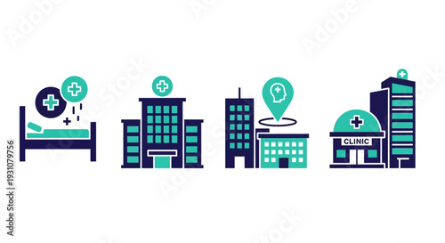 Urban hospital buildings and healthcare services illustration showcasing medical facilities and services from a front viewpoint