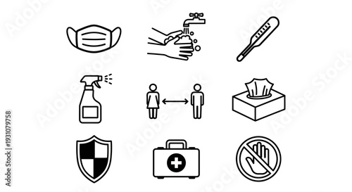 Collection of icons representing health and safety measures during a pandemic or outbreak from a top-down viewpoint