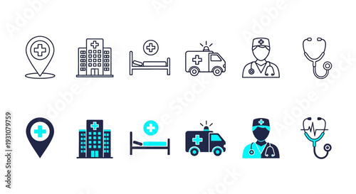 Medical icons set featuring healthcare professionals and facilities in simple line art style