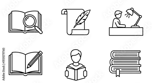 A series of simple line icons illustrating education and literature concepts including reading, writing, and research from a straightforward viewpoint.