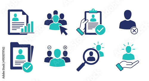 Collection of icons representing business analytics and teamwork in a modern office setting depicted from a straightforward viewpoint