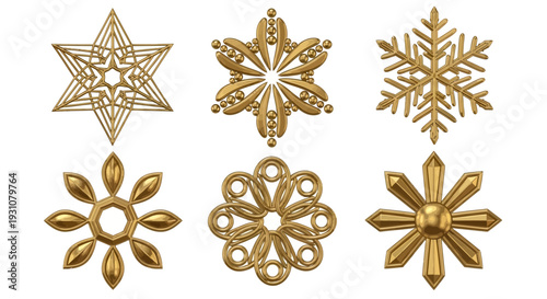 Set of golden decorative snowflakes and stars arranged in a pattern on a neutral background from a direct viewpoint