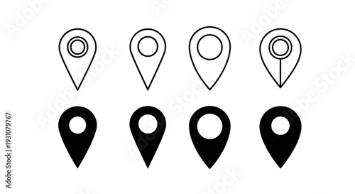 A collection of map pin icons in various styles and designs on a clean background, viewed from directly above