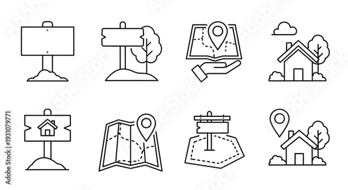 Collection of simple line icons representing navigation and location on digital devices and maps with various symbols and pointers displayed