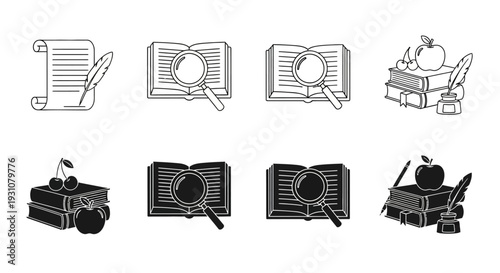 Detailed illustrations of office supplies and documents viewed from a straightforward angle, showcasing various stationery items.