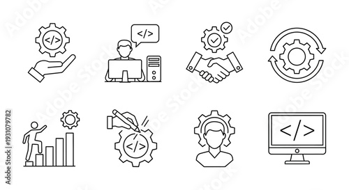 A set of simple line icons representing technology and business concepts on a plain white background viewed from directly above.