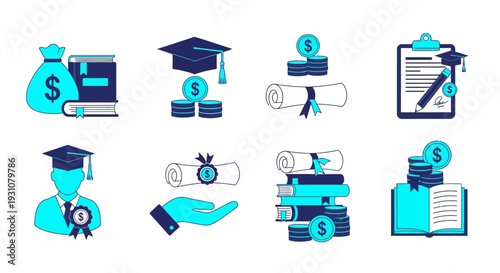 Collection of icons representing education and finance from a top-down viewpoint