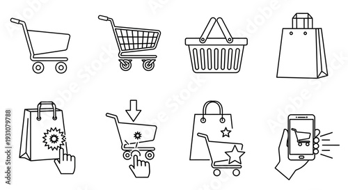 E-commerce icons set featuring shopping cart, basket, and bags with various elements like stars and gears, indicating online shopping and digital commerce