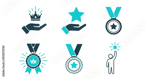 A collection of hand drawn icons representing achievement and recognition, featuring medals, stars, and crowns in a minimalist style.