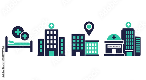 Medical Facilities and Buildings Illustrated in a Modern Cityscape Viewed from a Distant Perspective