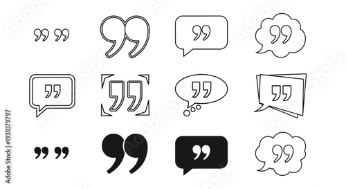 A collection of quotation mark icons in various styles and designs displayed on a clean white background
