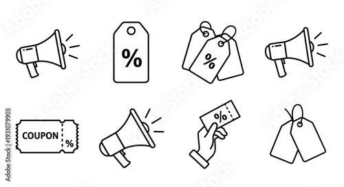 Collection of simple line icons representing sales promotions and discounts with megaphones and discount tags