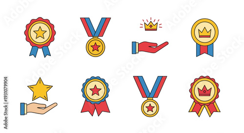 A collection of colorful icons representing awards and recognition, featuring stars, crowns, and medals, displayed on a clean background from a straightforward viewpoint.