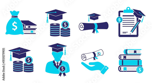 Graduation icons representing education and financial aspects in a modern, simple design style from a straightforward viewpoint
