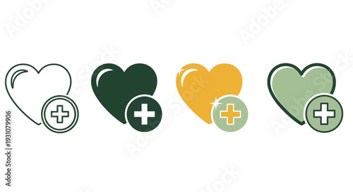 Four heart icons with medical crosses in various colors representing health and care symbols in a row