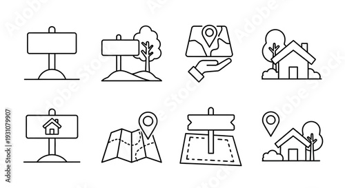 A collection of icons depicting navigation and location markers, including signs, maps, and pins, in a simple line art style, viewed from a straightforward perspective.
