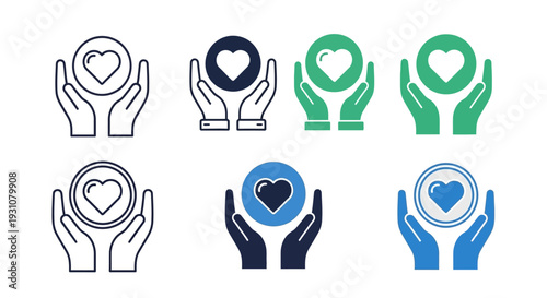 Collection of hands holding hearts in various colors and styles, symbolizing care and compassion in simple illustrations.