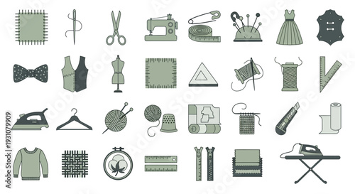 Collection of various clothing and sewing icons displayed neatly on a clean background from a straightforward viewpoint.