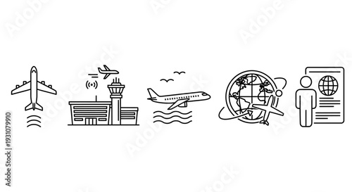 A series of simple line illustrations depicting various travel elements and activities including airplanes, an airport terminal, a passport, and a person.