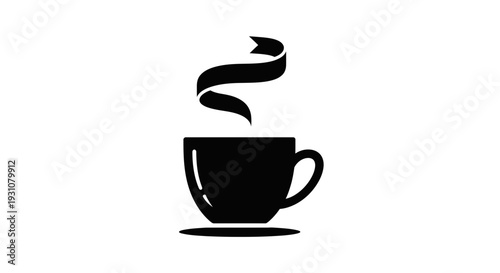 Elegant black silhouette of a steaming hot beverage cup with a stylish ribbon-like vapor design