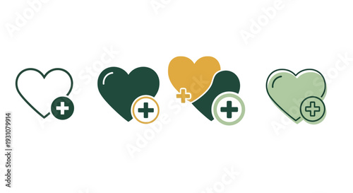 Four stylized heart icons with crosses, varying in color, on a clean background, from simple outline to filled shapes, showcasing different design elements and medical symbolism.