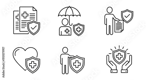 Collection of simple line icons representing health and protection concepts in a clean and minimalistic style