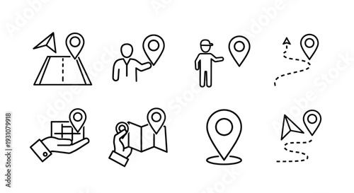 A collection of simple line icons depicting navigation and travel symbols on a clean white background from a straightforward viewpoint.