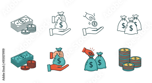 Collection of financial icons representing money and wealth in various forms and styles on a clean background viewed from a straightforward perspective