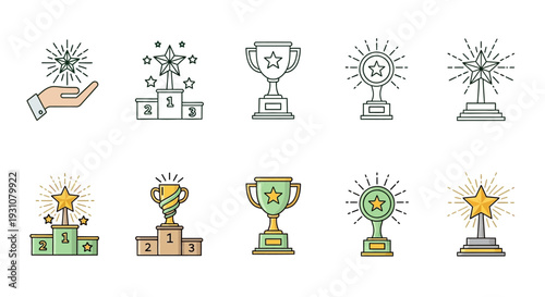 A collection of trophies and awards icons displayed on a clean white background showcasing various achievements and recognitions from different viewpoints