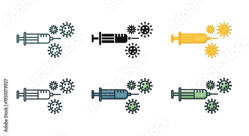 Medical syringes and viruses depicted in various colors against a clean background from a straightforward viewpoint