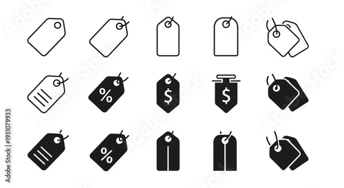Collection of various tag and label icons representing discount, price, and shopping elements in a minimalist design