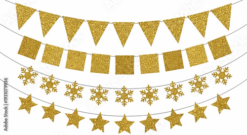 A festive gold decoration featuring flags, snowflakes, and stars hanging in a celebratory arrangement