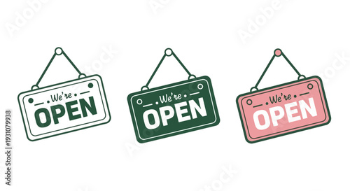 Three colorful 'We're Open' signs hanging in a row, illustration, storefront, shopping, entrance