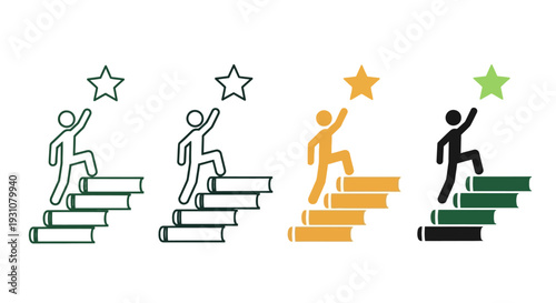 Silhouetted figures ascending stacks of books towards stars, symbolizing achievement and progress in a minimalist illustration style