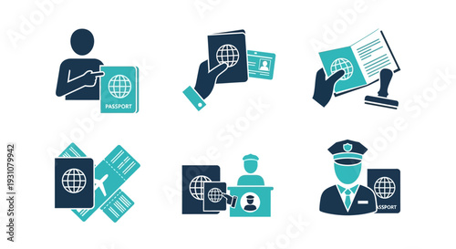 Collection of icons representing travel documents and identity verification processes in a digital illustration